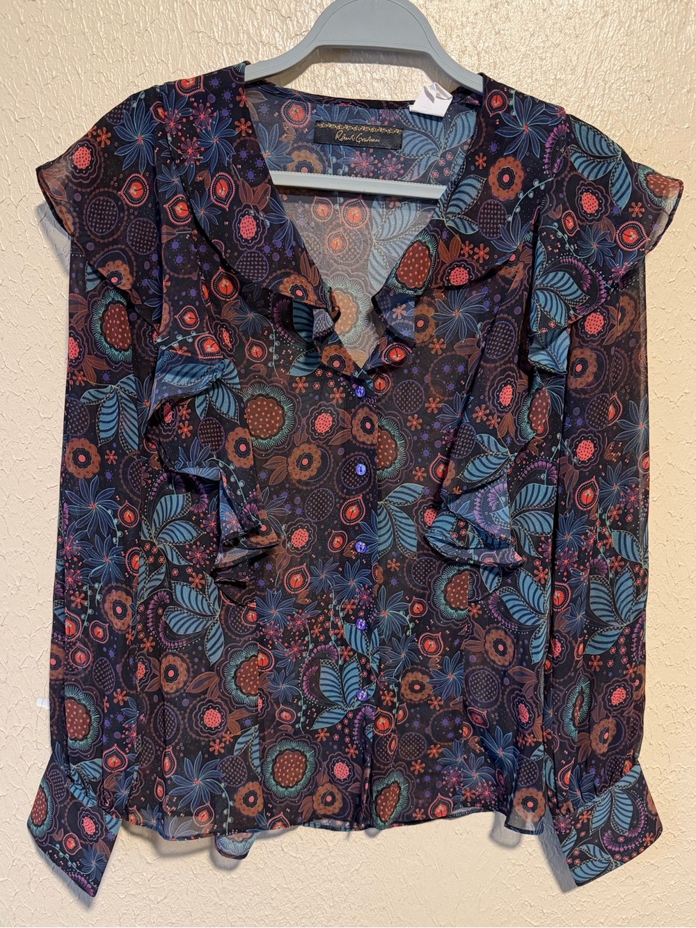 Robert Graham Floral Print Sheer Button Down Ruffle Long Sleeve Top Size Small